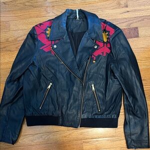 Free People Black Leather Moto Jacket with Pink & Yellow Embroidery